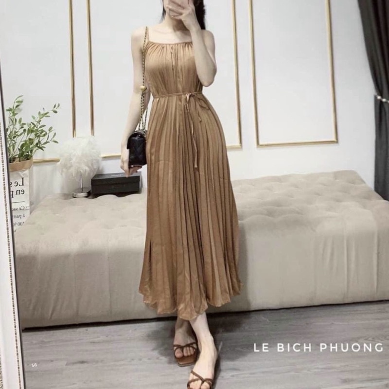 Đầm Xoè Hai Dây Dập Ly Maxi Dài - Bầu Bì Bon Chen Thoải Mái