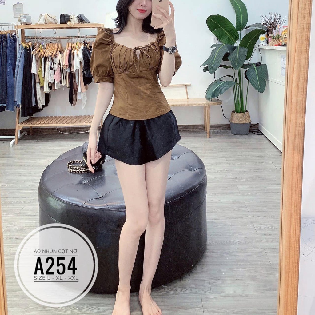 (60-90KG) BIGSIZE Áo nhún cột nơ A254  Chất liệu: vải chéo dày&lt;br&gt;Màu sắc: trắng - nâu