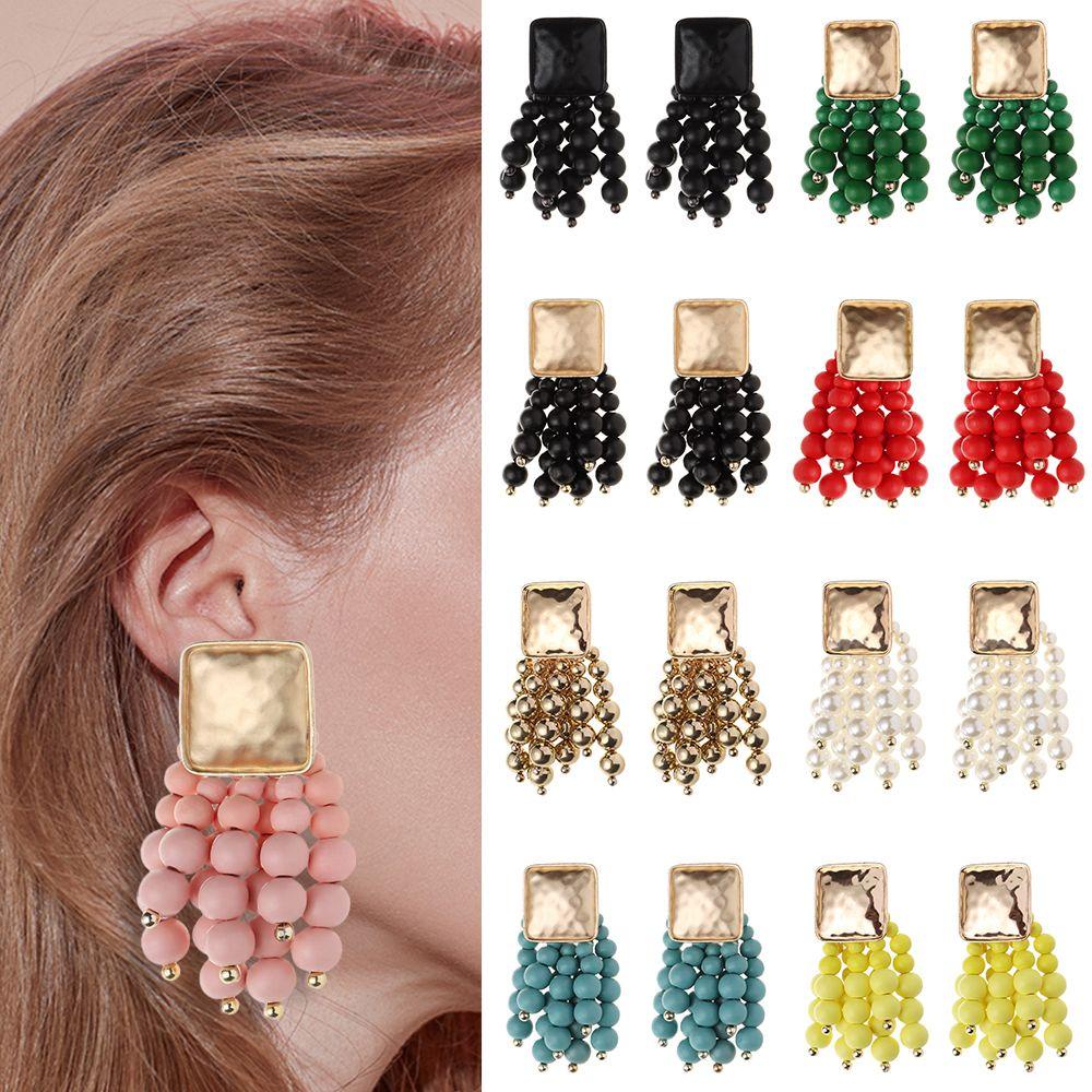 Khuyên Tai Tua Rua Hạt Gỗ Kim Loại Thời Trang Cho Nữ