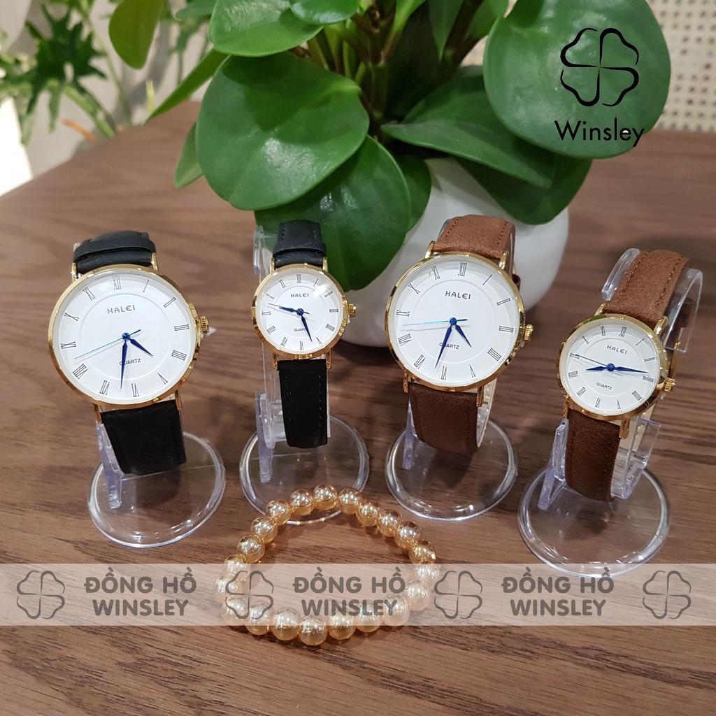 Đồng hồ đôi nam nữ dây da chính hãng Halei đeo tay cặp viền vàng chống nước thời trang