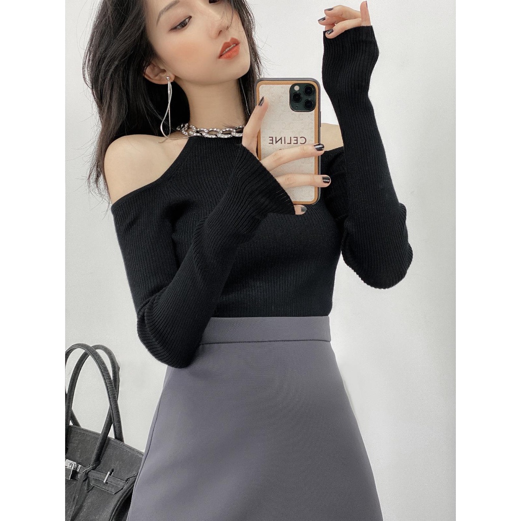 ☒♠∏ D/z shop Áo Dệt Kim Không Dây Ôm Dáng Đính Đá Lấp Lánh Quyến Rũ Cho Nữ Vào Mùa Thu Đông