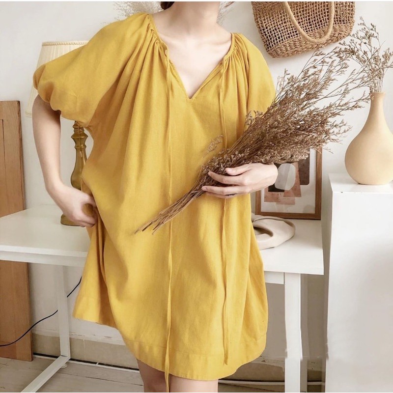 KÈM ẢNH THẬT❤Đầm suông vàng xám tay phồng cột nơ xd