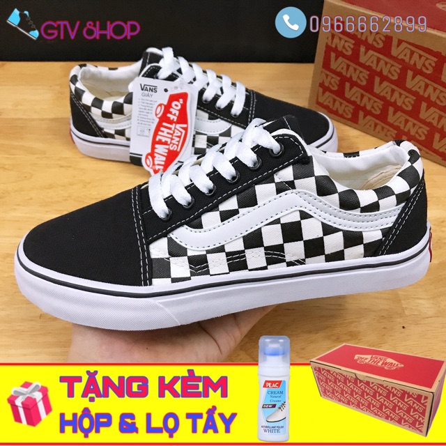 [TẶNG HỘP &amp; LỌ TẨY hoặc TẤT] Giày thể thao nam nữ V.old CARO ĐEN TRẮNG,tem gót đỏ, size 36 - 43.     .