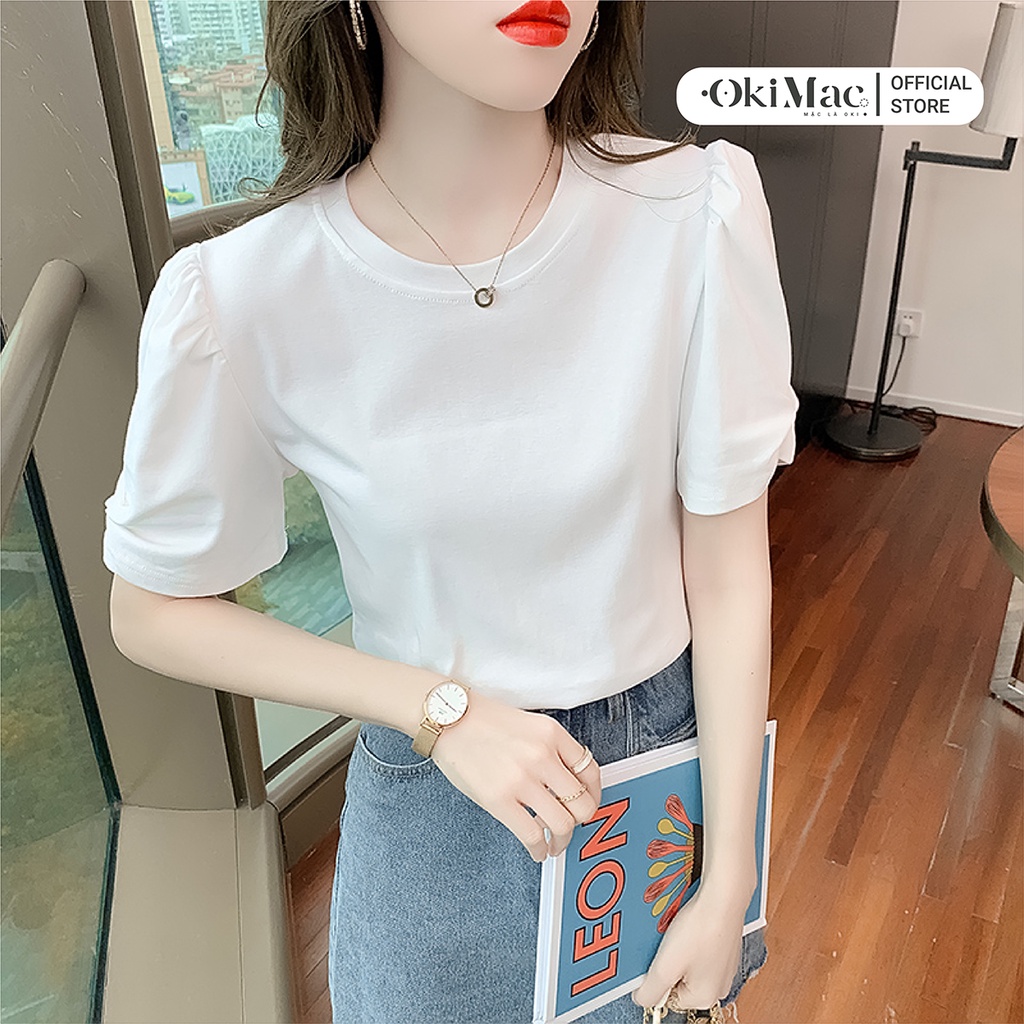 Áo thun nữ kiểu tay ngắn cổ tròn bèo nhún vai cotton thấm hút mồ hôi phong cách ulzzang Hàn Quốc thời trang nữ OKIMAC | BigBuy360 - bigbuy360.vn
