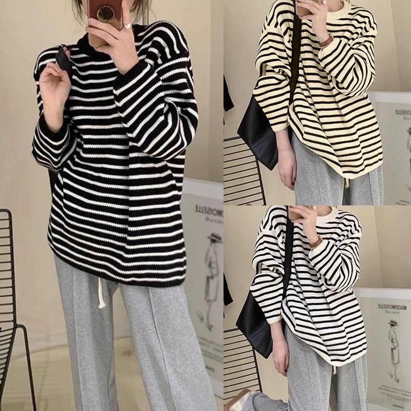 Áo Sweater Tay Dài Cổ Tròn Dáng Rộng Họa Tiết Kẻ Sọc Thời Trang Hàn Quốc Xinh Xắn Cho Nữ