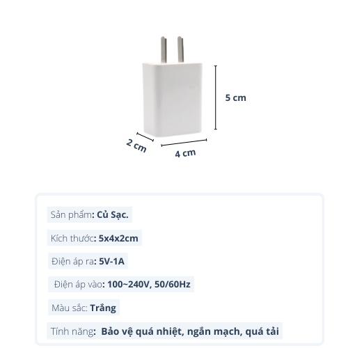 Củ sạc USB 5V - 1A hiệu suất vượt trội, an toàn, tiện dụng