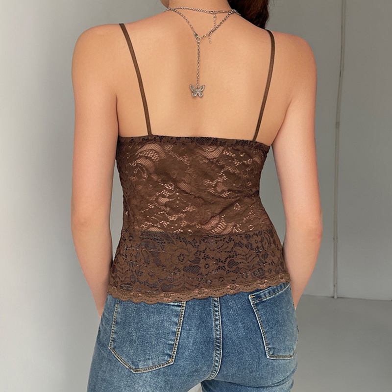 Áo Hai Dây Vải Satin Phối Ren Hoa Xuyên Thấu Cổ Chữ V Hở Lưng Quyến Rũ Cho Nữ