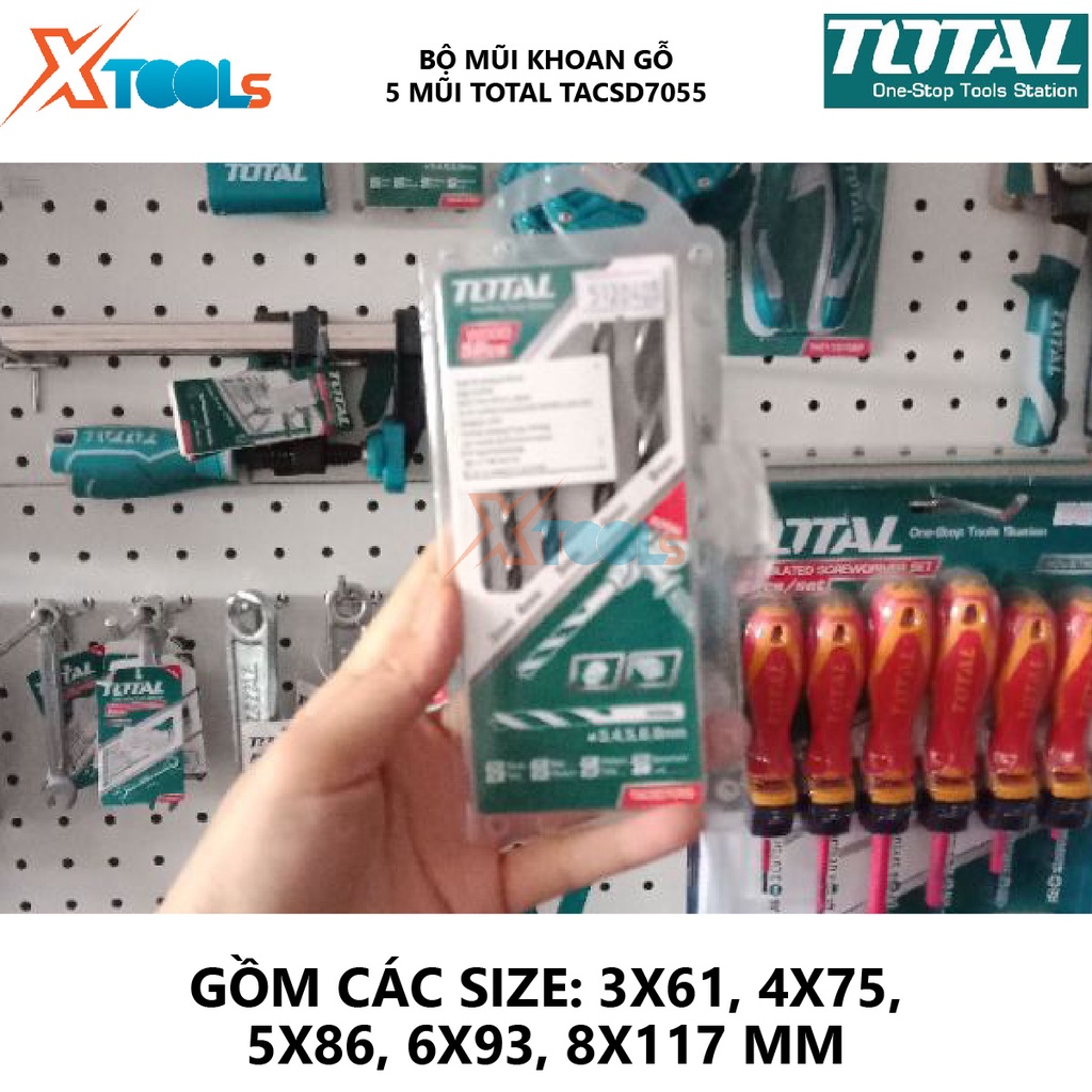 Bộ mũi khoan gỗ 5 chi tiết TOTAL TACSD7055 combo 5 mũi khoan gỗ Size 3X61，4X75，5X86,6X93，8X117,khoan, đục lỗ trên chất l