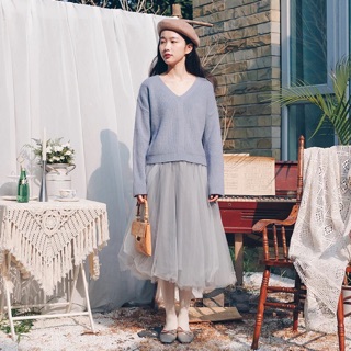 Set Áo len cổ tim - Chân váy xoè công chúa