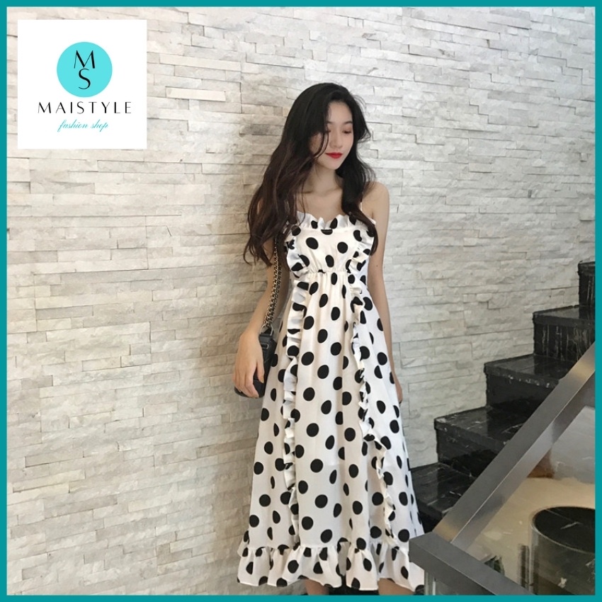 Đầm nữ MAISTYLE váy lụa maxi suông dài 2 dây chấm bi trắng eo thun đẹp vintage tiểu th