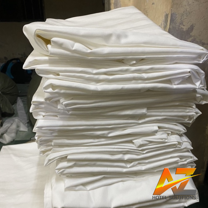 Ga giường trắng kẻ 3cm vải poly nhà nghỉ khách sạn villa homestay
