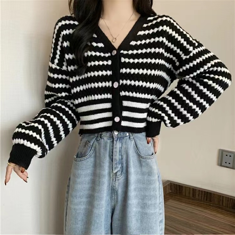 Áo Khoác Cardigan Dệt Kim Cổ Chữ V Họa Tiết Kẻ Sọc Thời Trang Mùa Thu Mới Cho Nữ