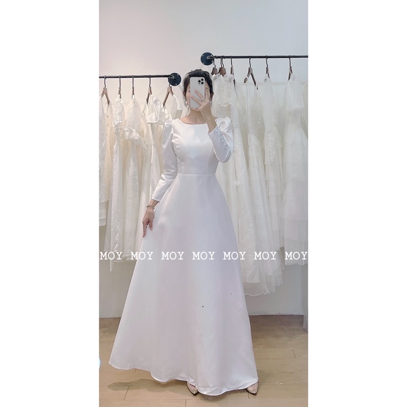 Váy dài phi cổ thuyền tay dài nút lưng V nút - Váy cưới nhẹ nhàng