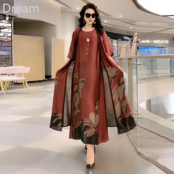 Bộ đầm lụa in họa tiết có size lớn thời trang cá tính cho nữ