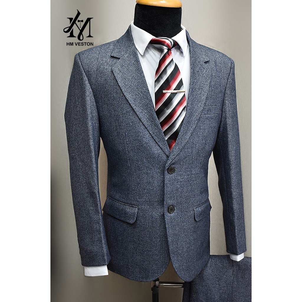 Bộ vest nam 2 nút form suông màu xanh đá cao cấp + cà vạt & kẹp