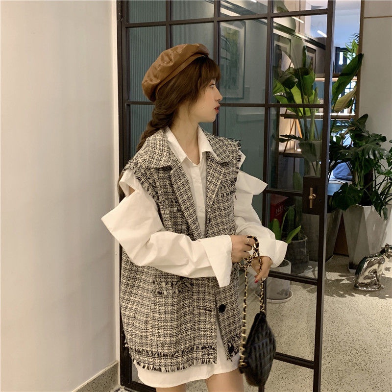 Set Áo Sơ Mi Dài Tay Trễ Vai + Áo Khoác Ngoài Không Tay Phong Cách Hàn Quốc Đơn Giản Dành Cho Nữ