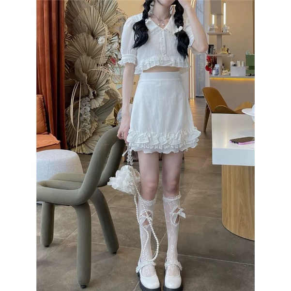 Set áo croptop cổ bẻ + chân váy chữ A viền bèo lolita xanh pastel trắng oder taobao