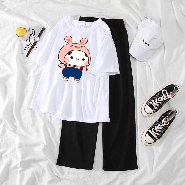 Sét Áo cậu bé mũ hồng + quần suông ống rộng , Áo thun from rộng, Chất đẹp không xù, Sét bộ mặc ở nhà - MODY