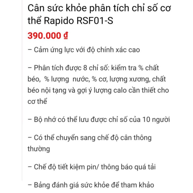 Cân sức khỏe điện tử RAPIDO RSB01-S/RSB02-S/RSB03-S 8chỉ số blutooth,BH 12 tháng