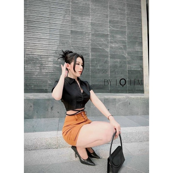 Áo sơmi dây buộc chéo eo sexy hai màu, Áo sơ mi croptop nữ tay ngắn dây buộc eo cổ đức cài nút 💕💕💕💕Uk capnhatxuhuong