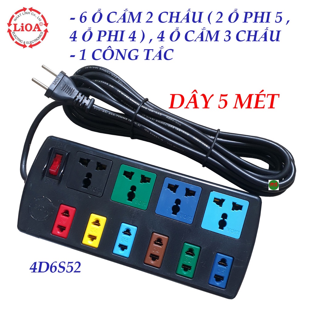 Ổ cắm điện LIOA 10 ổ cắm dây 5 mét 4D6S52 (Đen) - bảo hành 01 năm