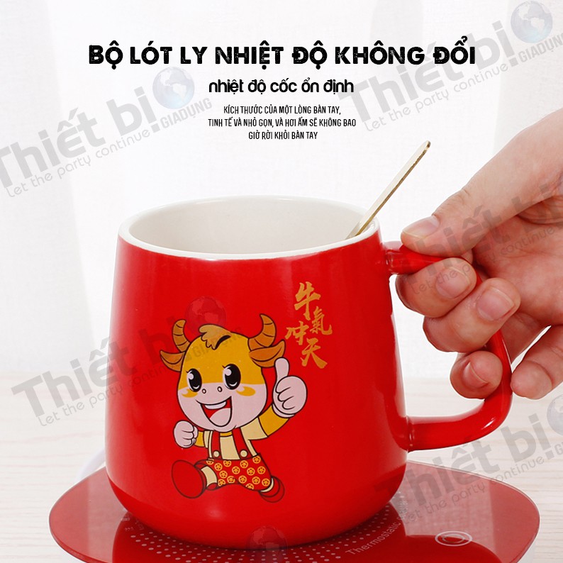 Cốc Hâm Nóng đồ uống kèm đế điện, Bộ ly sứ kèm đế điện hâm nóng trà, cafe, hâm sữa + Tặng kèm thìa vàng, hộp sang trọng