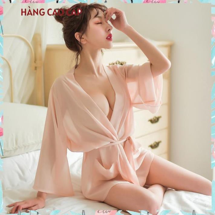 Váy ngủ xuyên thấu gợi cảm áo choàng sexy kiểu kimono tay dài có túi xinh xắn Thư Thư [HÀNG CAO CẤP]