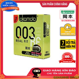 Bao cao su Okamoto super thin 0.03 real fit cực siêu mỏng, mềm mại, ôm sát - hộp 3 chiếc