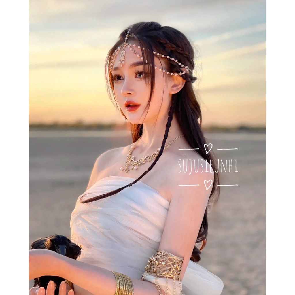(Mẫu trắng) Vòng đội đầu kết hạt tua rua phong cách Tây Tạng, dây trang trí trán cosplay cô gái Mông Cổ