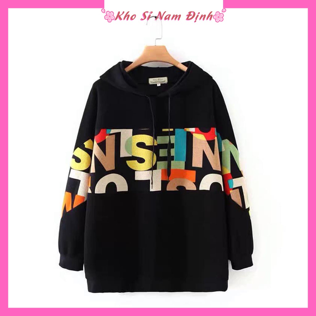 Áo nỉ nữ from rộng áo hoodies có mũ chất nỉ bông siêu ấm in chữ sắc màu