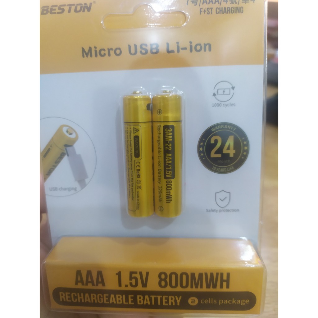 Combo 2 Viên Pin Sạc AAA 1.5V Cao Cấp BESTON Lithium 800mwh Có Cổng Sạc Micro USB - Tặng Kèm Dây Sạc