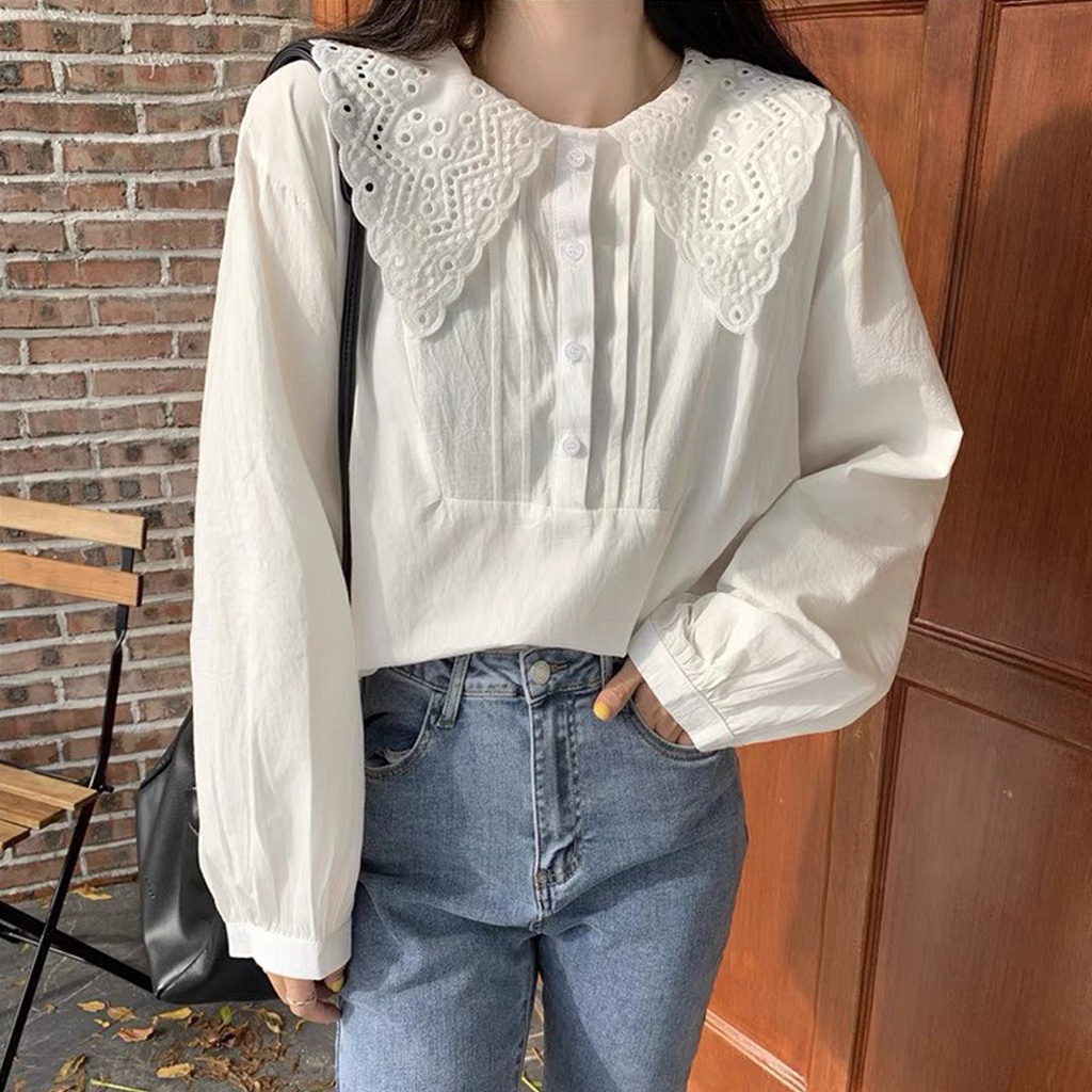 Áo sơ mi kiểu babydoll cổ bèo thêu hoa kẻ ly bên Ulzzang (hàng QC) - Ảnh thật