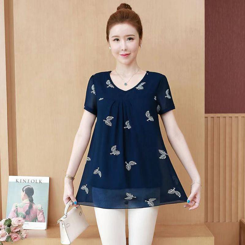 Áo Chiffon Tay Ngắn Màu Đen In Hoa Có Size Lớn Dành Cho Nữ