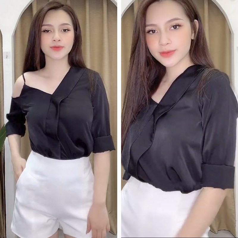 Áo Sơ Mi Nữ Lụa Đen, Áo Nữ Công Sở Lệch Vai Sexy, Dáng Đẹp Kiểu Hàn Quốc, Min Clothing