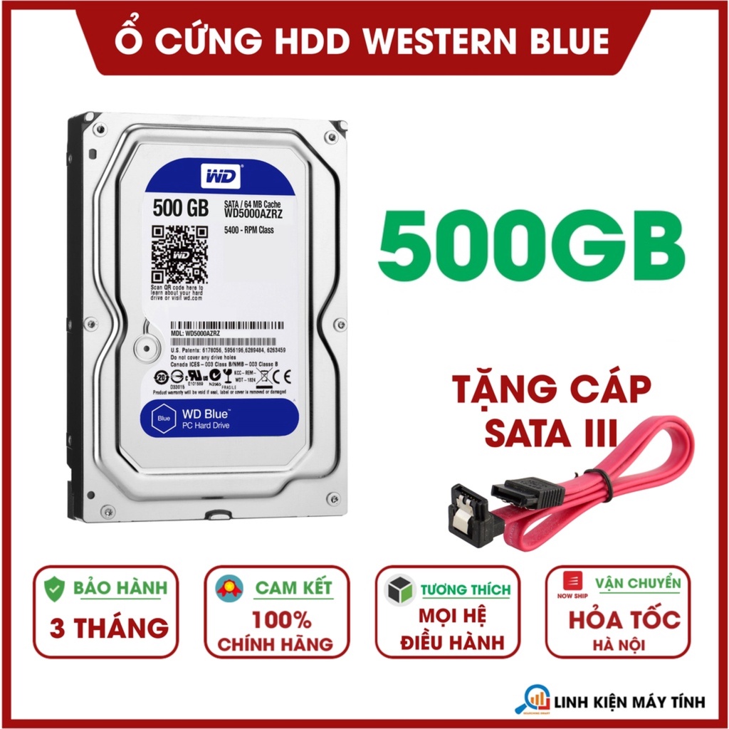 Ổ cứng HDD WD Blue 500GB  - Tặng cáp Sata 3 - Bảo hành chính hãng 3 tháng !!!