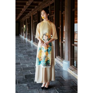 Áo dài vintage cô gái vàng, chất lụa mềm cao cấp