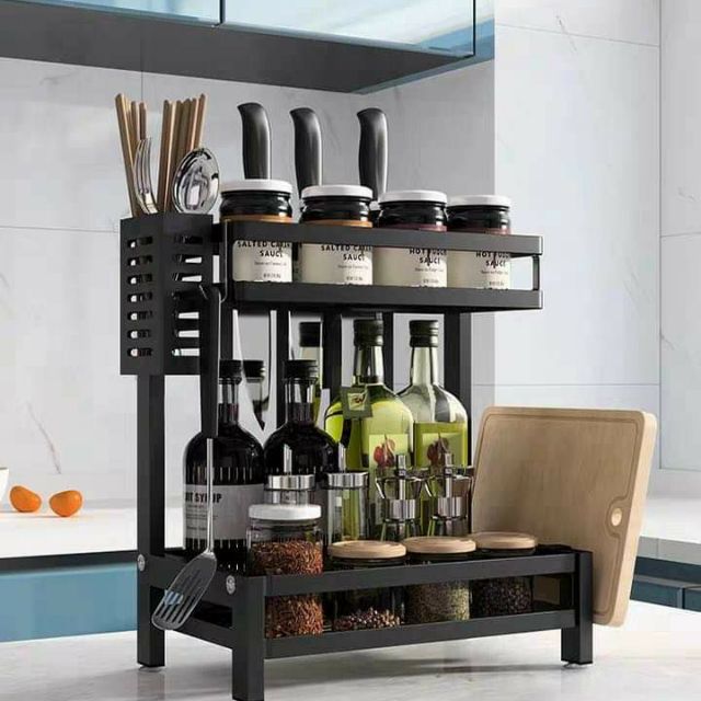 Kệ/ giá để gia vị nhà bếp đa năng 2 tầng bằng thép không gỉ màu đen có giỏ đựng đũa.