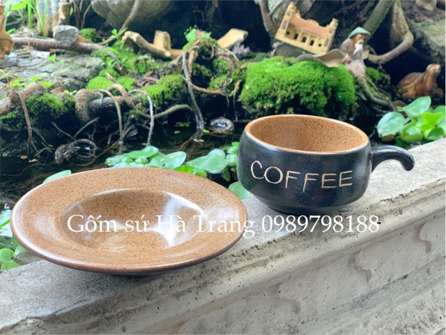 Set cốc đĩa cafe nóng dung tích 150ml gốm sứ Bát Tràng cao cấp men đen lòng nâu sang chảnh