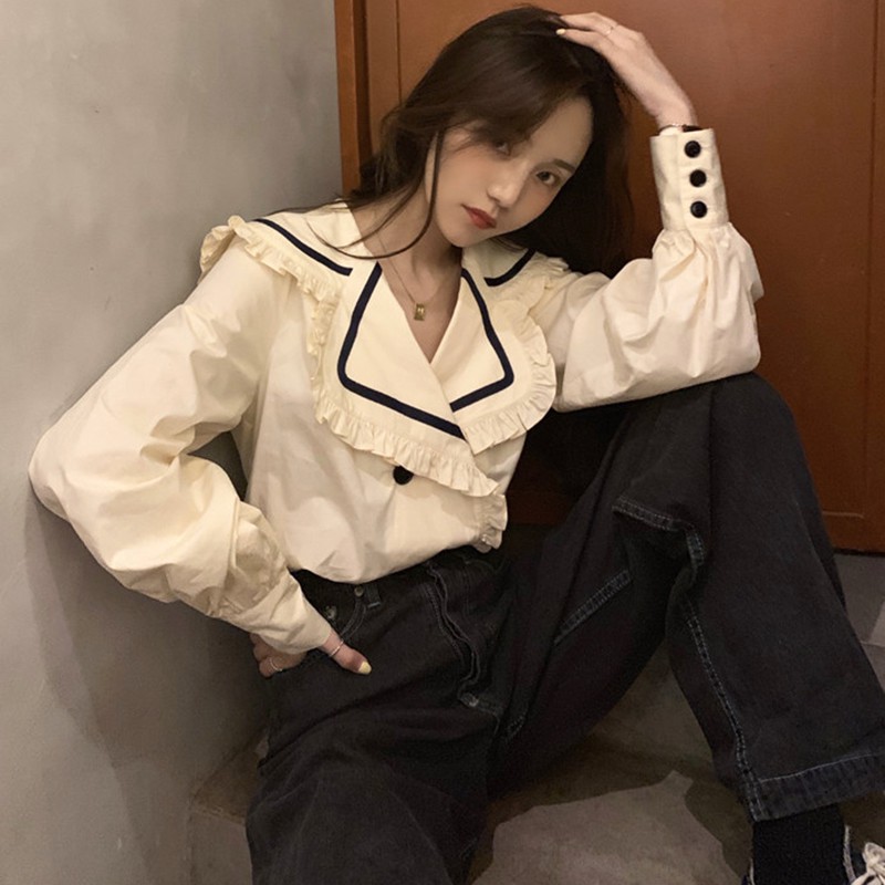 Áo kiểu tay dài cổ búp bê màu trơn đơn giản thời trang phong cách Hàn Quốc dành cho nữ