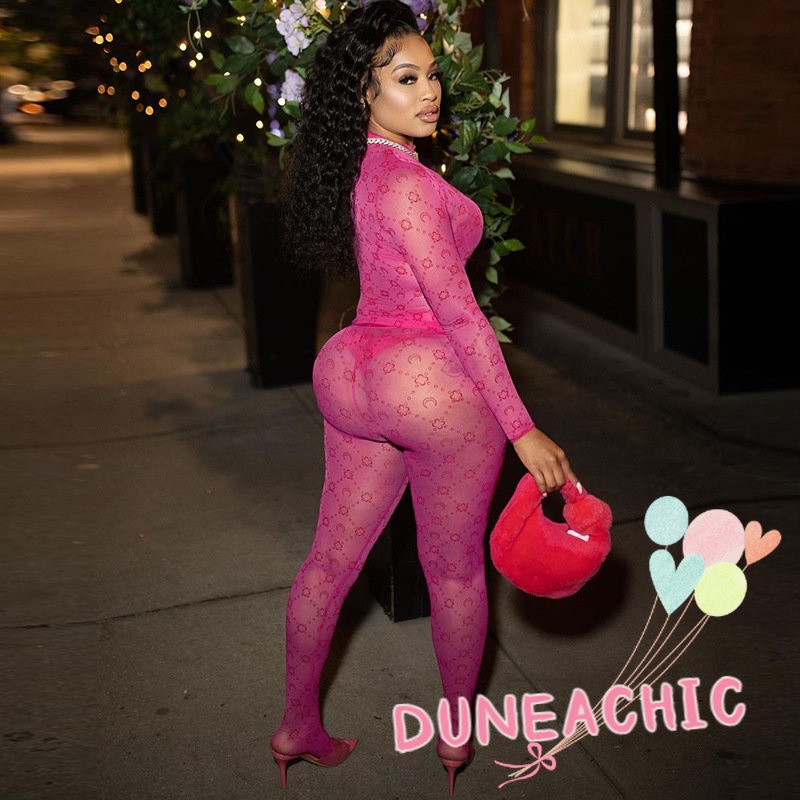 Set đồ DUNEA gồm áo thun tay dài xuyên thấu và quần dài lưng cao thời trang dành cho nữ