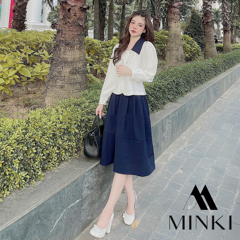 🌸 SET SƠ MI CÚC CHÂN VÁY XANH THAN CỔ ĐIỂN - CHẤT LIỆU CAO CẤP - PHỐI MÀU TRẮNG VÀ XANH ĐEN | BigBuy360 - bigbuy360.vn