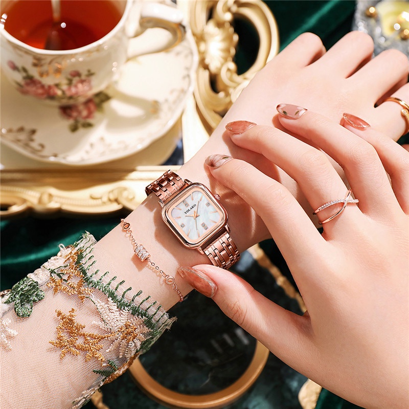 Đồng Hồ Đeo Tay Máy Quartz Mặt Vuông Dây Thép Không Gỉ Thời Trang Cho Nữ