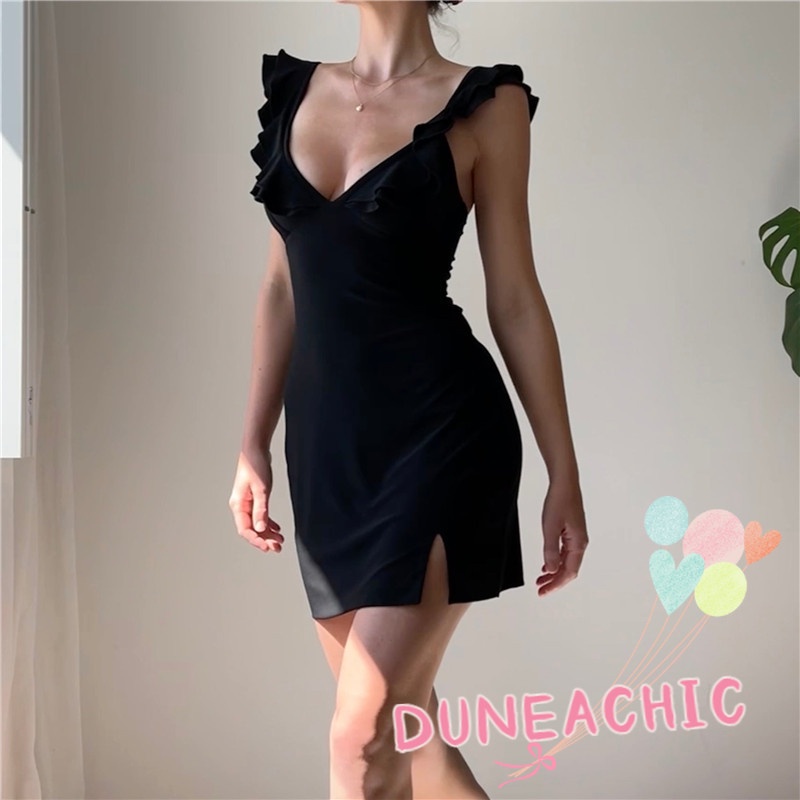 DUNEA Đầm nữ cổ chữ V hở lưng xẻ tà quyến rũ