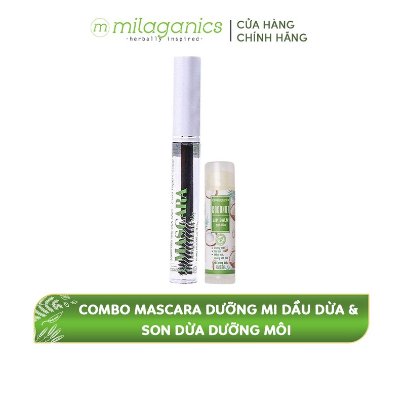 Combo Mascara Dưỡng Mi Dầu Dừa MILAGANICS 5ml + Son Dừa Dưỡng Môi Hồng, Giảm Thâm Môi MILAGANICS 4.5g