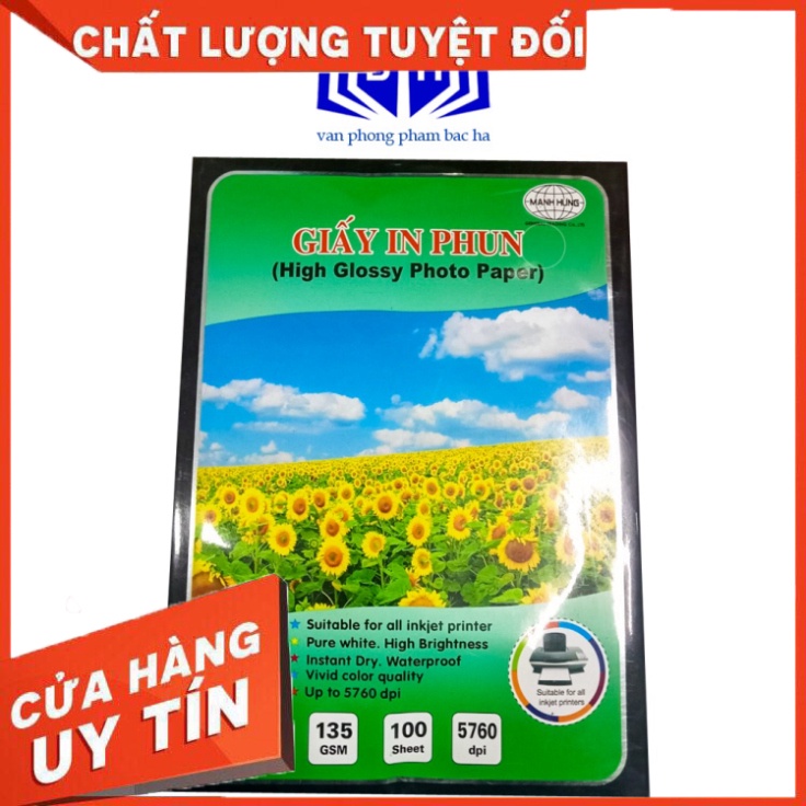 Giấy In Phun A3 - A4 Cao Cấp Mạnh Hưng ĐL 135 gsm,Bóng 1 Mặt