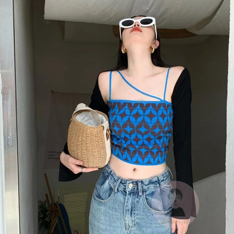 Áo Hai Dây Dệt Kim Họa Tiết Hình Học Màu Tương Phản Cho Nữ