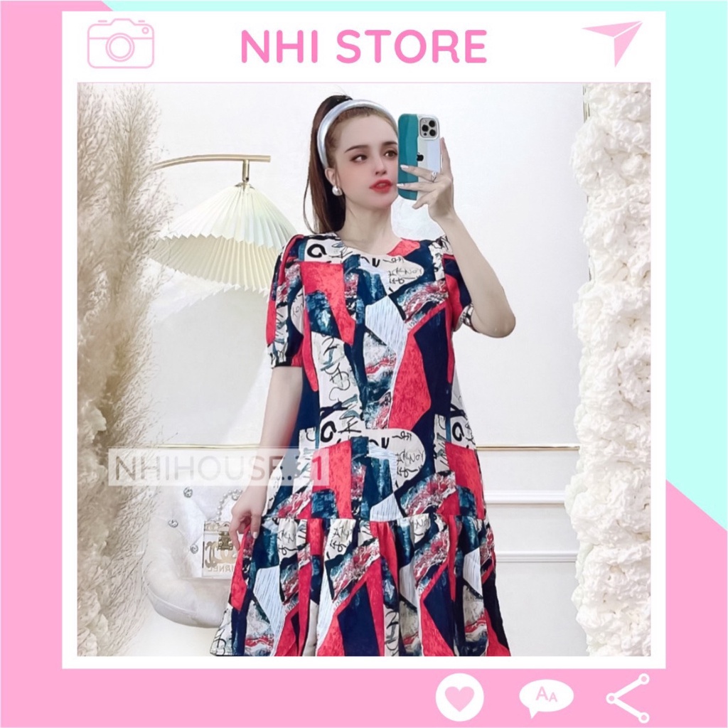 Đầm Suông Lụa Nhistore Cổ Tròn Tay Phồng Họa Tiết Sang Có Túi Freesize Dưới 60kg