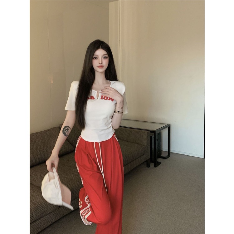 COZOKC COZOK Set áo thun ngắn tay cổ chữ v + quần dài COZOK lưng thun dây rút thời trang cho nữ