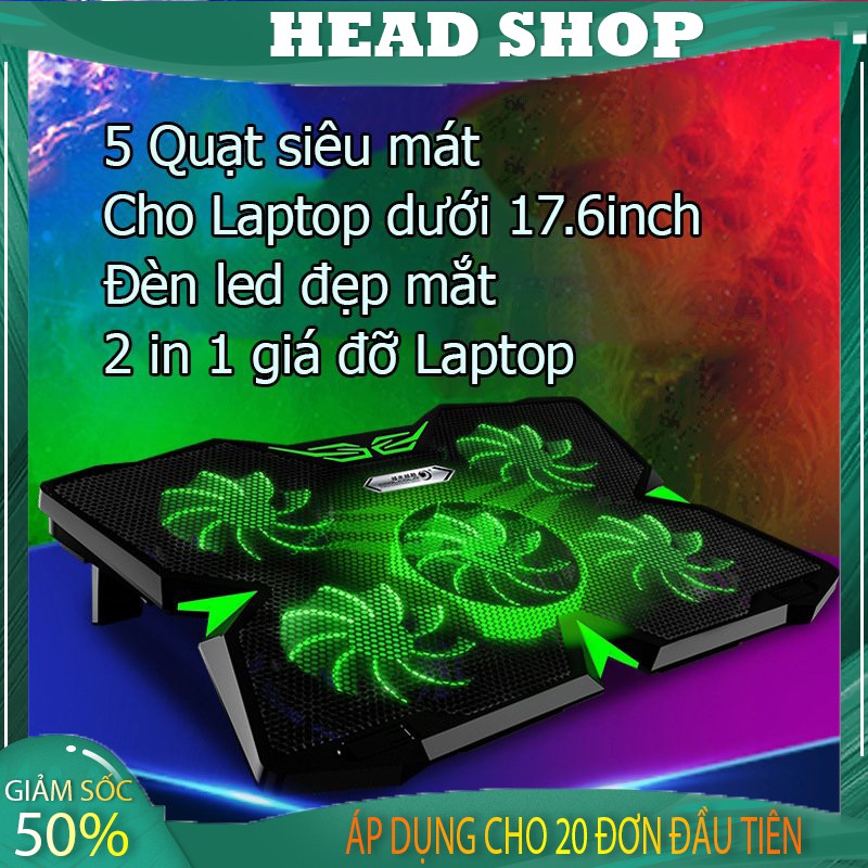 Đế tản nhiệt laptop 5 quạt quạt tản nhiệt gaming 1400RPM chống trượt làm mát nhanh COOL 2S HEAD shop