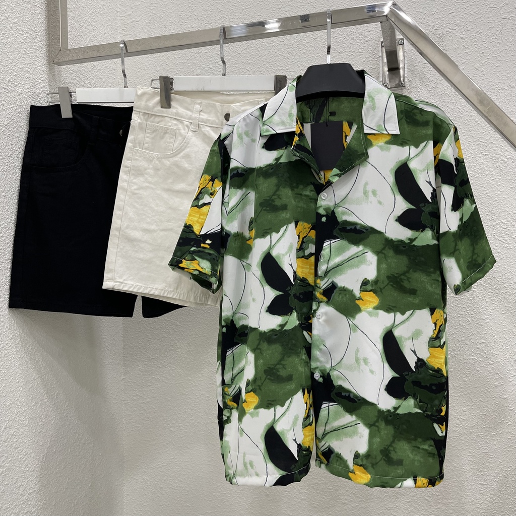 Áo sơ mi tay ngắn hoạ tiết vết sơn gỗ  áo cuban shirt ngắn tay cổ vest mùa hè